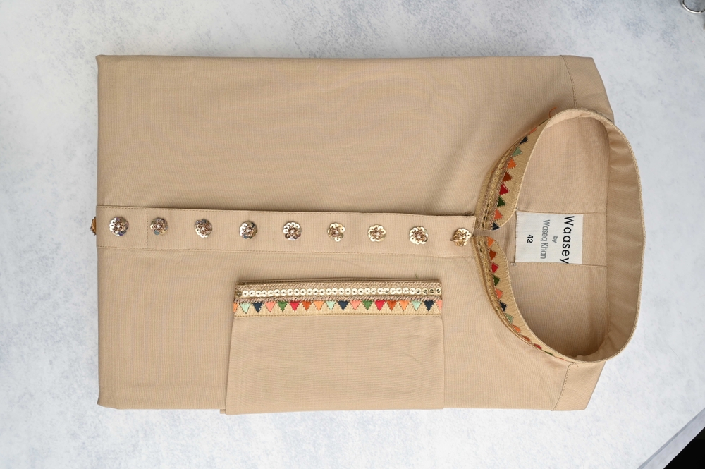 Beige Panjabi with Colorful Border Trim